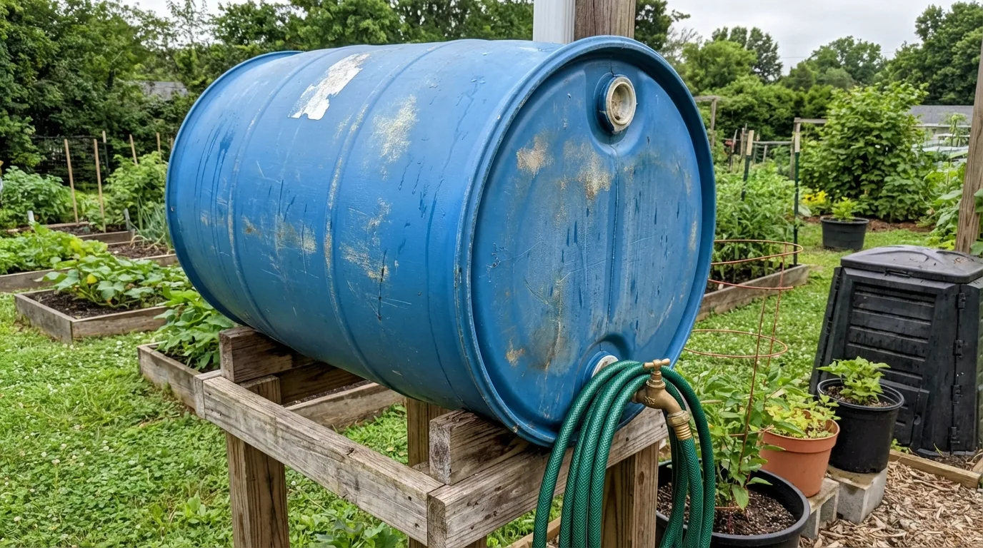 Rain Barrel Hidden With Screening Plants